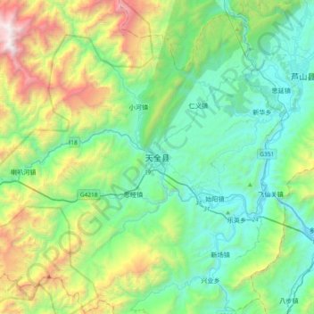 Mapa topográfico Tianquan, altitud, relieve
