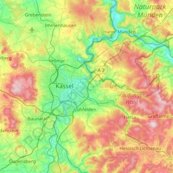 Mapa topográfico Niestetal, altitud, relieve
