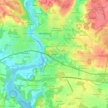 Mapa topográfico Kerorben, altitud, relieve