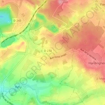 Mapa topográfico Locquinghen, altitud, relieve