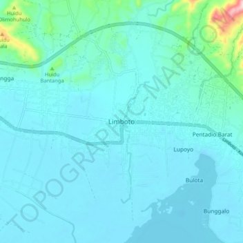 Mapa topográfico Limboto, altitud, relieve