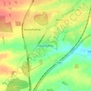 Mapa topográfico Great Oakley, altitud, relieve