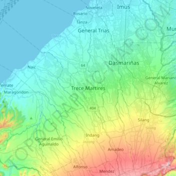 Mapa topográfico Trece Martires, altitud, relieve