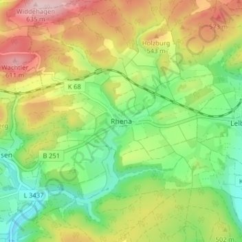 Mapa topográfico Rhena, altitud, relieve