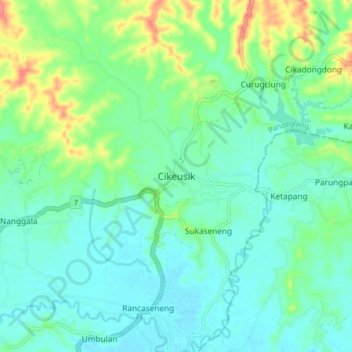 Mapa topográfico Cikeusik, altitud, relieve