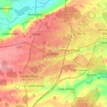 Mapa topográfico Corby, altitud, relieve