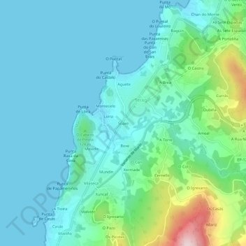 Mapa topográfico Soaxe, altitud, relieve