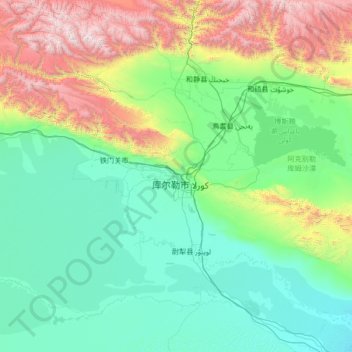 Mapa topográfico 巴音郭楞蒙古自治州, altitud, relieve