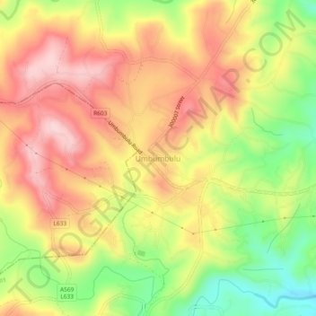 Mapa topográfico Umbumbulu, altitud, relieve