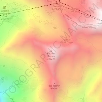 Mapa topográfico Bec des Rosses, altitud, relieve