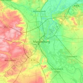 Mapa topográfico Magdeburgo, altitud, relieve