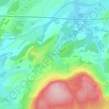 Mapa topográfico Courbenans, altitud, relieve
