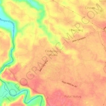 Mapa topográfico Cibeuteung Muara, altitud, relieve