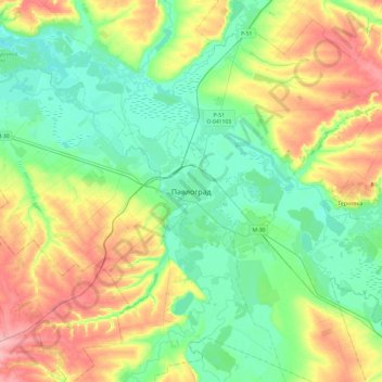 Mapa topográfico Pavlohrad, altitud, relieve