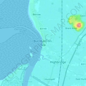 Mapa topográfico Burnham-on-Sea, altitud, relieve