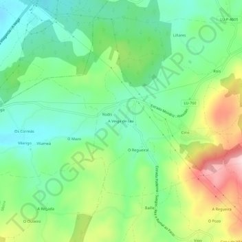 Mapa topográfico A Veiga de Lea, altitud, relieve