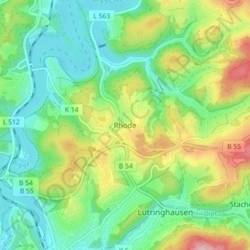 Mapa topográfico Rhode, altitud, relieve