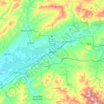 Mapa topográfico Chlef, altitud, relieve