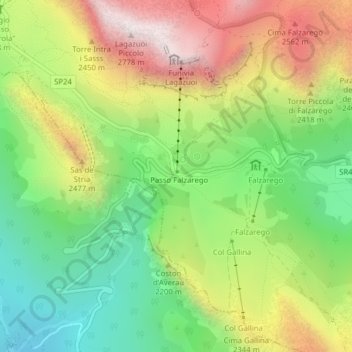 Mapa topográfico Falzarego Pass, altitud, relieve