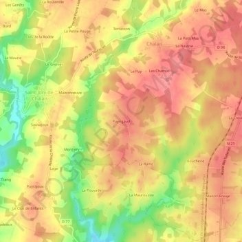 Mapa topográfico Puyrigaud, altitud, relieve