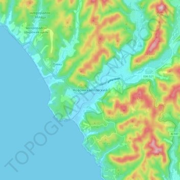 Mapa topográfico Новомихайловский, altitud, relieve