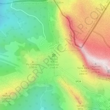 Mapa topográfico Valparola Pass, altitud, relieve