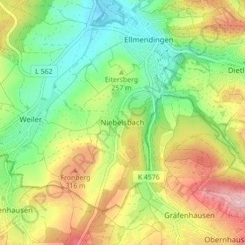 Mapa topográfico Niebelsbach, altitud, relieve