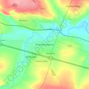 Mapa topográfico Bronkhorstspruit, altitud, relieve
