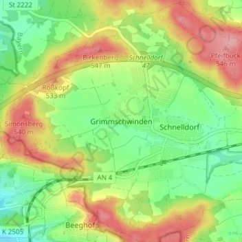 Mapa topográfico Grimmschwinden, altitud, relieve