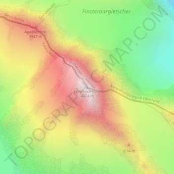 Mapa topográfico Finsteraarhorn, altitud, relieve