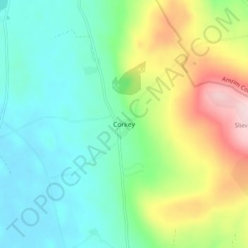 Mapa topográfico Corkey, altitud, relieve