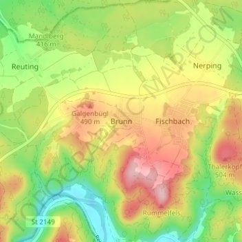 Mapa topográfico Brunn, altitud, relieve