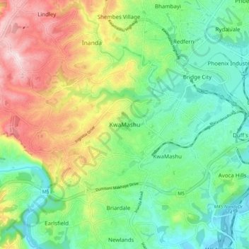 Mapa topográfico KwaMashu, altitud, relieve