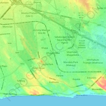 Mapa topográfico Khayelitsha, altitud, relieve