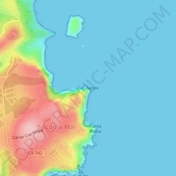Mapa topográfico Cap Negre, altitud, relieve