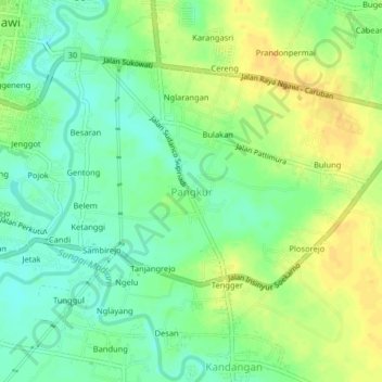 Mapa topográfico Pangkur, altitud, relieve