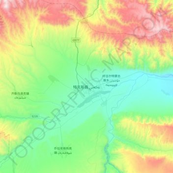 Mapa topográfico Tekes, altitud, relieve