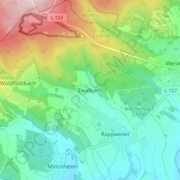 Mapa topográfico Zwalbach, altitud, relieve