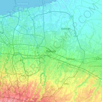Mapa topográfico Bekasi, altitud, relieve