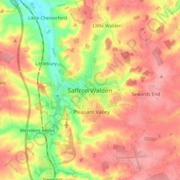 Mapa topográfico Saffron Walden, altitud, relieve