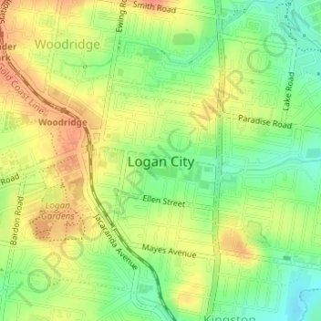 Mapa topográfico Logan City, altitud, relieve