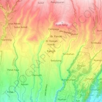 Mapa topográfico Bangli, altitud, relieve