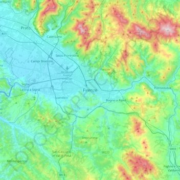 Mapa topográfico Florencia, altitud, relieve