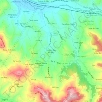 Mapa topográfico Arneiro das Roçadas, altitud, relieve