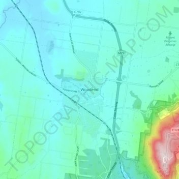 Mapa topográfico Woodend, altitud, relieve