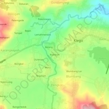 Mapa topográfico Kedokan, altitud, relieve