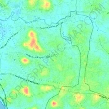 Mapa topográfico Kodiyeri, altitud, relieve