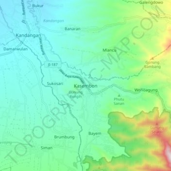 Mapa topográfico Kasembon, altitud, relieve