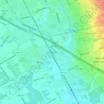 Mapa topográfico Mesilla Park, altitud, relieve