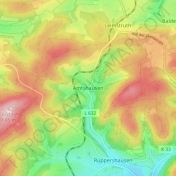 Mapa topográfico Amtshausen, altitud, relieve